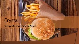  Presentation with hamburger - PPT layouts consisting of bar food - delicious hamburger on wood background and a red colored foreground