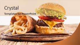  Presentation with wood and glitter - PPT theme consisting of bar food - delicious hamburger served on wood background and a yellow colored foreground