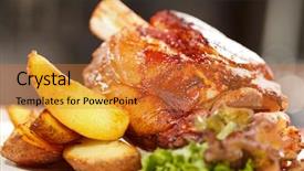  Presentation with potatoes plant - Audience pleasing theme consisting of bar food - roasted pork knuckle with potatoes backdrop and a gold colored foreground