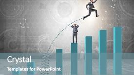  Presentation with competition - Slide deck featuring bar graph target - businessman outperforming his competition jumping background and a seafoam green colored foreground