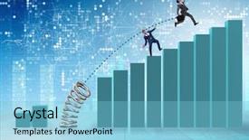  Presentation with competition - Amazing presentation having bar graph target - businessman outperforming his competition jumping backdrop and a light blue colored foreground