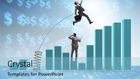  Presentation with competition - Beautiful presentation theme featuring bar graph target - businessman outperforming his competition jumping backdrop and a light blue colored foreground