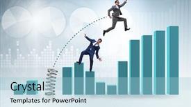  Presentation with competition - Beautiful presentation theme featuring bar graph target - businessman outperforming his competition jumping backdrop and a light blue colored foreground