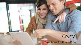  Presentation with lounge - Cool new slide deck with bar lounge - young couple in coffee shop backdrop and a coral colored foreground