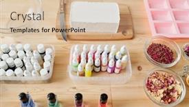  Presentation with oils - Audience pleasing PPT layouts consisting of bar of white hard soap mass on wooden board bottles with scents and essential oils and dry floral petals in bowls backdrop and a soft green colored foreground