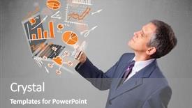  Presentation with notebook - Amazing slide deck having bar pie chart - businessman in suit holding notebook backdrop and a gray colored foreground