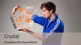  Presentation with laptop - Audience pleasing slide set consisting of bar pie chart - handsome young man holding laptop backdrop and a light gray colored foreground