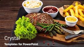  Presentation with barbecue - PPT theme consisting of barbecue-beef-steak-french-fries background and a wine colored foreground