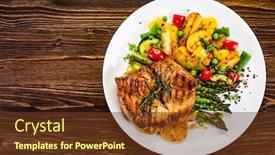  Presentation with barbecue - PPT theme with barbecue-beef-steak-fried-potatoes background and a tawny brown colored foreground