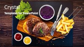  Presentation with steaks - PPT theme with barbecue-beef-steaks-french-fries background and a tawny brown colored foreground