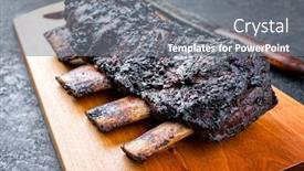  Presentation with barbecue ribs - Beautiful presentation theme featuring barbecue burnt chuck beef ribs with hot rub as closeup on a modern design wooden board backdrop and a gray colored foreground