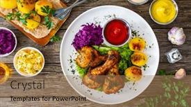  Presentation with ketchup - PPT theme having barbecue-chicken-drumsticks-with-fried background and a coral colored foreground