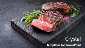  Presentation with roast beef - Audience pleasing PPT layouts consisting of barbecue-dry-aged-wagyu-roast backdrop and a dark gray colored foreground
