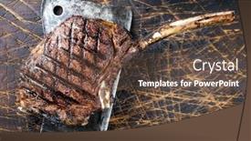  Presentation with wagyu - Colorful slide set enhanced with barbecue dry aged wagyu tomahawk steak as close-up on old wooden board backdrop and a tawny brown colored foreground