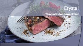  Presentation with boned t bone steak cow - Audience pleasing PPT theme consisting of barbecue entrecote steak on plate backdrop and a mint green colored foreground