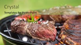  Presentation with steaks - Presentation design featuring barbecue-garden-grill-with-beef background and a yellow colored foreground