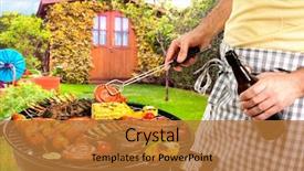  Presentation with grilling - Presentation theme having barbecue in front of backyard background and a gold colored foreground