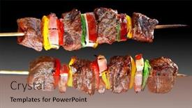  Presentation with barbecue - Presentation theme enhanced with barbecue-meat-skewer-with-vegetables background and a coral colored foreground