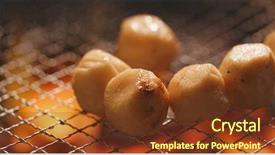  Presentation with fish ball - Slide set consisting of camp fire winter time - barbecue metal net with fish background and a tawny brown colored foreground