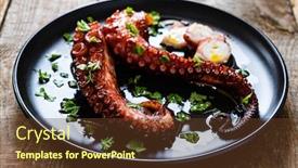  Presentation with octopus - PPT theme with barbecue-octopus-on-wooden-table background and a tawny brown colored foreground