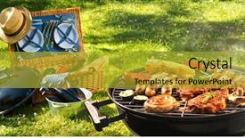  Presentation with picnic - Amazing PPT theme having barbecue picnic on a meadow backdrop and a gold colored foreground