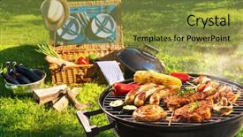  Presentation with picnic - Theme featuring barbecue picnic on a meadow background and a gold colored foreground