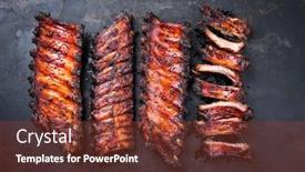  Presentation with hot metal - Presentation theme consisting of barbecue pork spare ribs st louis cut with hot honey chili marinade as top view on an old rustic metal board with copy space background and a tawny brown colored foreground