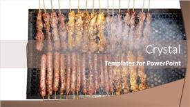  Presentation with grill - PPT theme featuring barbecue skewers on the grill - top view isolated on white background and a coral colored foreground
