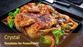  Presentation with barbecue - Cool new presentation design with barbecue spatchcocked chicken al mattone chili with pumpkin and broccoli as closeup on an old metal tray backdrop and a tawny brown colored foreground