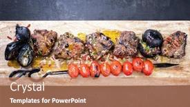  Presentation with bone - Cool new PPT theme with barbecue t-bone lamb steak with carbonized onion and skewered tomatoes as top view on a cutting board backdrop and a coral colored foreground