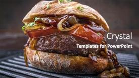  Presentation with wagyu - Beautiful slides featuring barbecue wagyu cheeseburger with onions and tomatoes as close-up on a grillage backdrop and a tawny brown colored foreground