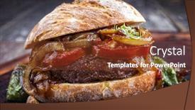  Presentation with wagyu - Beautiful slides featuring barbecue wagyu hamburger with onions and tomatoes as close-up on a burnt cutting board backdrop and a tawny brown colored foreground