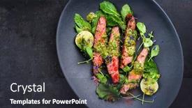  Presentation with wagyu - Amazing presentation design having barbecue-wagyu-hanging-tender-steak backdrop and a dark gray colored foreground