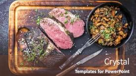  Presentation with wagyu - PPT theme enhanced with barbecue wagyu roast beef with chanterelle as top view on a cutting board background and a tawny brown colored foreground