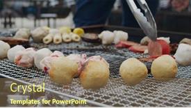  Presentation with fish ball - PPT theme having barbecue-with-meat-and-fish background and a coral colored foreground