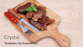  Presentation with cutlery - Presentation design with barbecued beef fillet on wooden plate with cutlery over table background and a lemonade colored foreground
