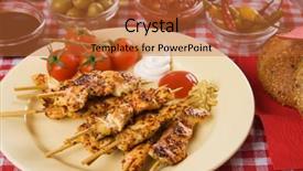  Presentation with food chicken - PPT layouts featuring barbecued chicken meat on skewer served as party food background and a red colored foreground