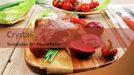  Presentation with cutlery - Slides enhanced with barbecued meat beef lamb garnished with green lettuce and red chili hot pepper on wooden table with cutlery background and a red colored foreground
