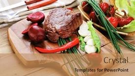  Presentation with cutlery - Theme enhanced with barbecued meat beef lamb garnished with green lettuce and red chili hot pepper on wooden table with cutlery background and a coral colored foreground