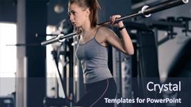  Presentation with barbell health - Theme consisting of barbells - attractive young sports woman doing background and a ocean colored foreground