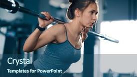  Presentation with sports - Slides with barbells - attractive young sports woman doing background and a ocean colored foreground