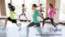  Presentation with group training - Beautiful presentation theme featuring barbells - fitness sport training gym backdrop and a sky blue colored foreground