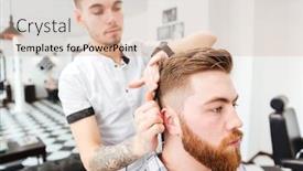 Presentation with barber - Beautiful presentation theme featuring barber combing hair to his client in barbershop backdrop and a coral colored foreground