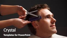  Presentation with barber - Beautiful PPT theme featuring barber cutting hair with scissors backdrop and a tawny brown colored foreground
