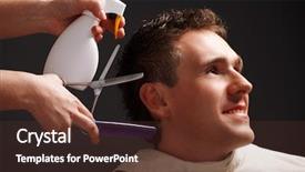  Presentation with barber - PPT theme featuring barber cutting hair with scissors background and a tawny brown colored foreground