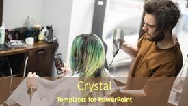  Presentation with long hair man - Colorful PPT layouts enhanced with barber-drying-customer-s-wet backdrop and a tawny brown colored foreground