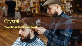  Presentation with barber - Cool new slide deck with barber-holds-comb-and-cuts backdrop and a tawny brown colored foreground