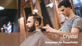  Presentation with barber - PPT theme having barber making haircut to handsome background and a coral colored foreground