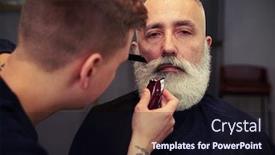  Presentation with haircut - Cool new presentation theme with barber making haircut to handsome attractive senior man with beard and working with electric razor and comb backdrop and a wine colored foreground