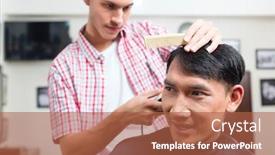  Presentation with barber - PPT theme consisting of barber making haircut of an attractive man in barbershop background and a red colored foreground